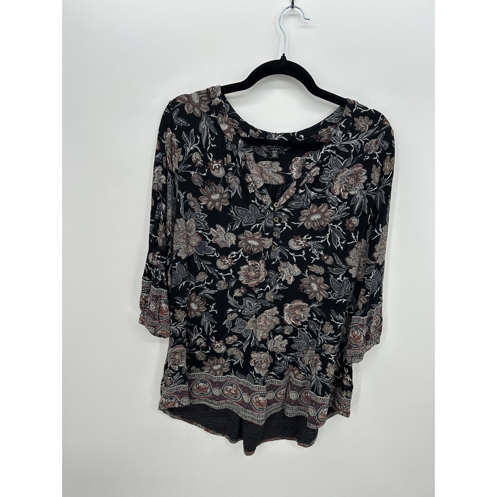 Lucky Brand Womens 1X Black Floral Paisley 3/4 Sleeve Split Neck Boho Blouse Top